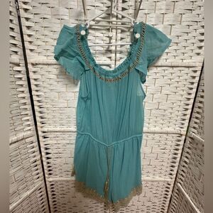 Venus beautiful turquoise off shoulder romper elastic and tie waist. EUC‎ xl
